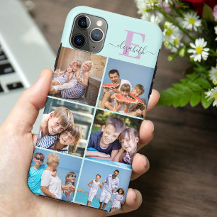 Capa Para iPhone 11 Pro Max Monograma de Script Elegante 6 Fotos Verde Menta e
