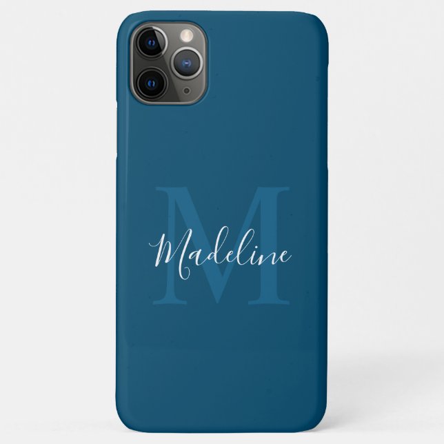 Capa Para iPhone 11 Pro Max Monograma de Script Elegante Azul de Marinho Simpl (Verso)
