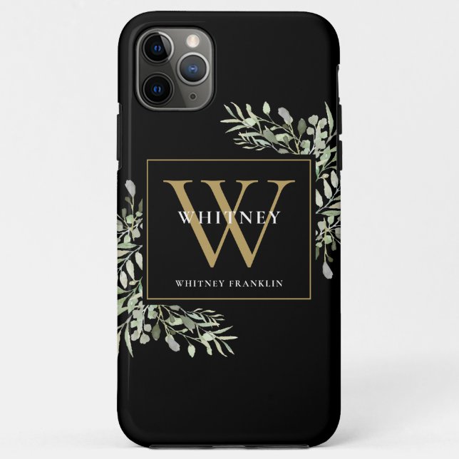 Capa Para iPhone 11 Pro Max Monograma Dourado Negro Verde Moderno Elegante (Verso)