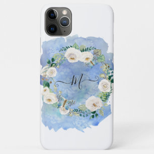 Capa Para iPhone 11 Pro Max Monograma Floral - Cor de Água Lavar Script Branc