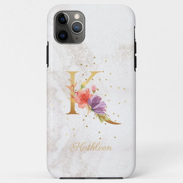 Capa Para iPhone 11 Pro Max Monograma Floral Nome inicial K - Letra Personaliz (Verso)