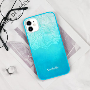 Capa Para iPhone 11 Pro Max Monograma Personalizado do Turquesa Ombre Mandala