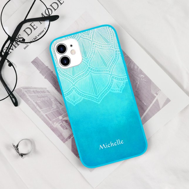 Capa Para iPhone 11 Pro Max Monograma Personalizado do Turquesa Ombre Mandala (Criador carregado)