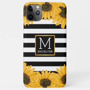 Capa Para iPhone 11 Pro Max Monograma Preto-Branco Estimulado Girassol Dourado