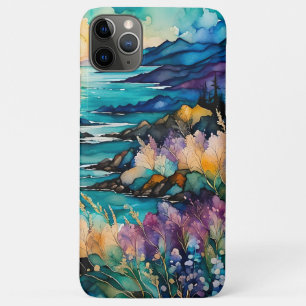 Capa Para iPhone 11 Pro Max Montanha Sunset Flores selvagens sobre a água
