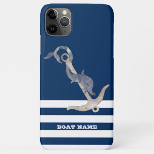 Capa Para iPhone 11 Pro Max Náutica,Marinho de golfinho ancorado, azul riscado