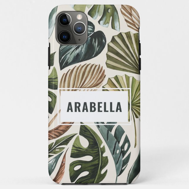Capa Para iPhone 11 Pro Max Nome personalizado das folhas tropicais e inicial (Verso)