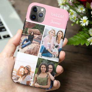 Capa Para iPhone 11 Pro Max Olá! 4 Colagem de Fotos Rosa Bonito Personalizado