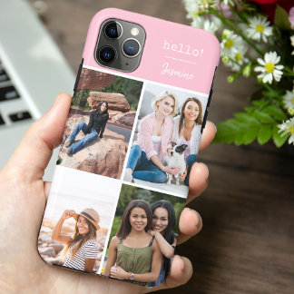 Capa Para iPhone 11 Pro Max Olá! 4 Colagem de Fotos Rosa Bonito Personalizado