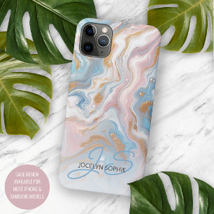Capa Para iPhone 11 Pro Max Padrão Artístico de Mármore Rosa Dourado Azul