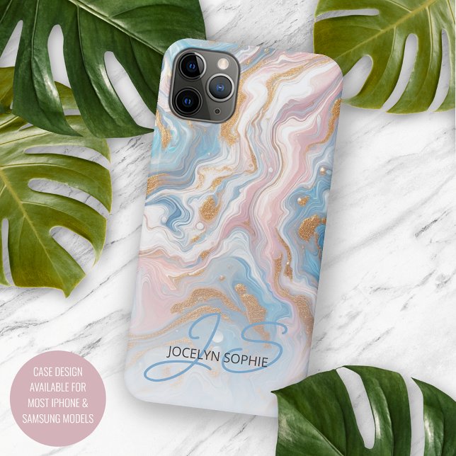 Capa Para iPhone 11 Pro Max Padrão Artístico de Mármore Rosa Dourado Azul (Criador carregado)