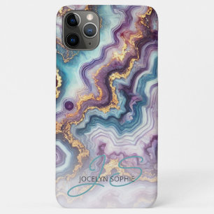 Capa Para iPhone 11 Pro Max Padrão de Arte Marmortal Dourada Azul Roxo Escuro