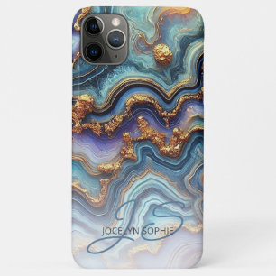 Capa Para iPhone 11 Pro Max Padrão Dourado de Arte Marmortal Azul-Teal Escuro
