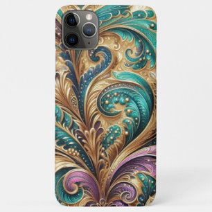 Capa Para iPhone 11 Pro Max Padrão Dourado de Paisley Verde Azul Roxo Violeta