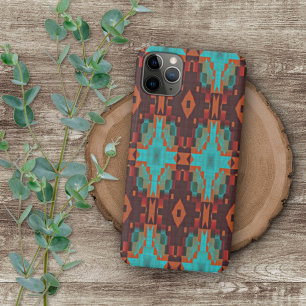 Capa Para iPhone 11 Pro Max Padrão Mosaico Tribal Laranja Azul Turquesa