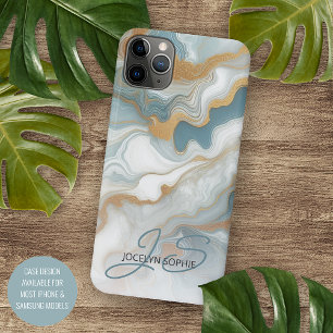 Capa Para iPhone 11 Pro Max Padrão Personalizado de Mármore Azul Teal Dourado