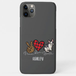 Capa Para iPhone 11 Pro Max Peace Love Boston Terrier Xadrez Cachorro Cujo Cac
