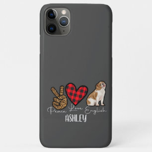 Capa Para iPhone 11 Pro Max Peace Love English Buldogue Xadrez Cuide Dog Lover