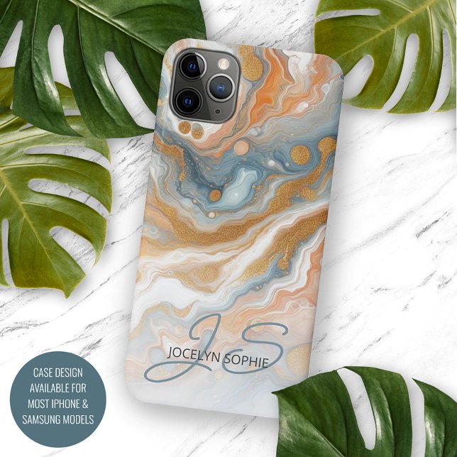 Capa Para iPhone 11 Pro Max Peach Orange Teal Blue Marble Art Patterno (Criador carregado)
