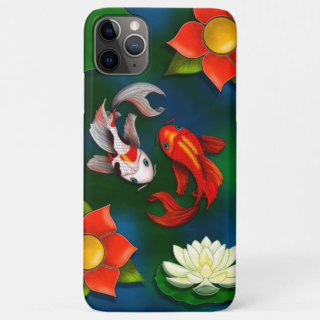 Capa Para iPhone 11 Pro Max Peixes Koi e Lotus Lily Pad Pond Brancos (Verso)