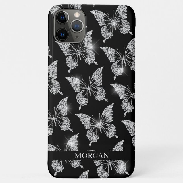 Capa Para iPhone 11 Pro Max Personalizar nome, padrão da borboleta Diamond, pr (Verso)