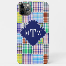 Capa Para iPhone 11 Pro Max Pré-Pilhas Madras Marinho Quatrefoil Monograma