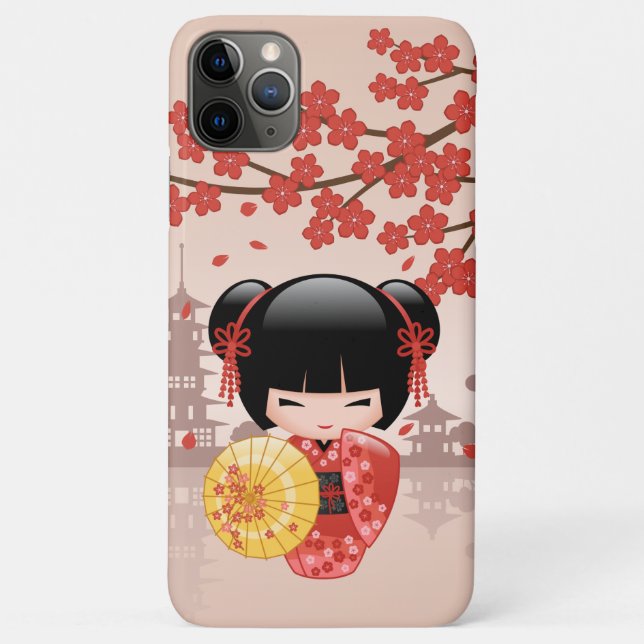 Capa Para iPhone 11 Pro Max Red Sakura Kokeshi Doll - Geisha Japonês (Verso)