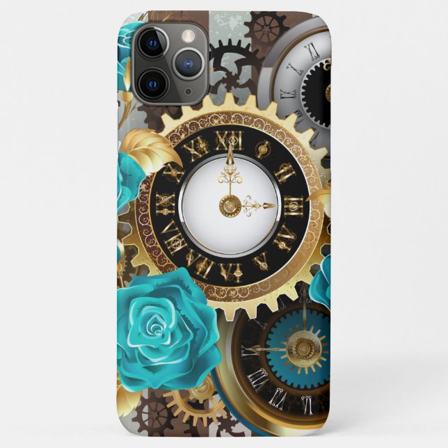 Capa Para iPhone 11 Pro Max Relógio e Rosas de Turquesa em Striping (Verso)