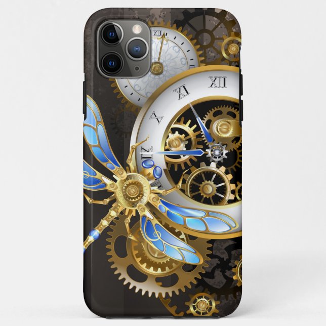 Capa Para iPhone 11 Pro Max Relógio Steampunk com Dragonfly Mecânica (Verso)