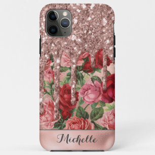 Capa Para iPhone 11 Pro Max Rosa Dourado Glitter Drives Vintage Rosa floral No