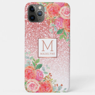 Capa Para iPhone 11 Pro Max Rosa Dourado Glitter Watercolor Monograma Floral