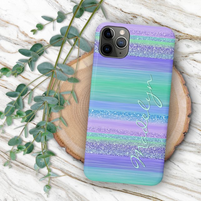 Capa Para iPhone 11 Pro Max Rosa Personalizado Verde Azul Roxo Listra Azul-Men (Criador carregado)
