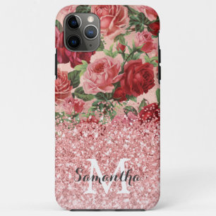 Capa Para iPhone 11 Pro Max Rosa vermelha Cor-de-rosa com brilho Dourado rosa