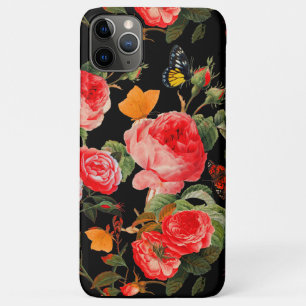 Capa Para iPhone 11 Pro Max ROSAS VERMELHAS, BORRACHAS AMARELAS, Floral Preto