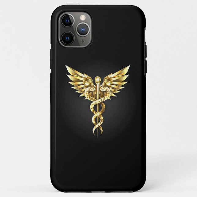 Capa Para iPhone 11 Pro Max Símbolo Caduceu Poligonal Dourado (Verso)