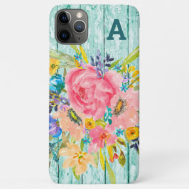 Capa Para iPhone 11 Pro Max Spray Floral de Rosa de Aquarela com Inicial