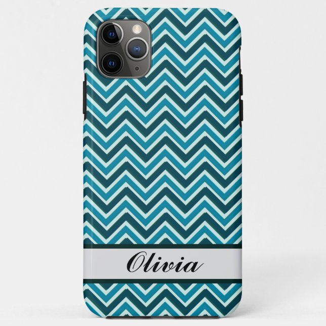 Capa Para iPhone 11 Pro Max Stylish Chevron Wave Blue, Teal, Green (Verso)