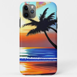 Capa Para iPhone 11 Pro Max Sunset e Palmeiras Silhuettes Ondas Oceânicas