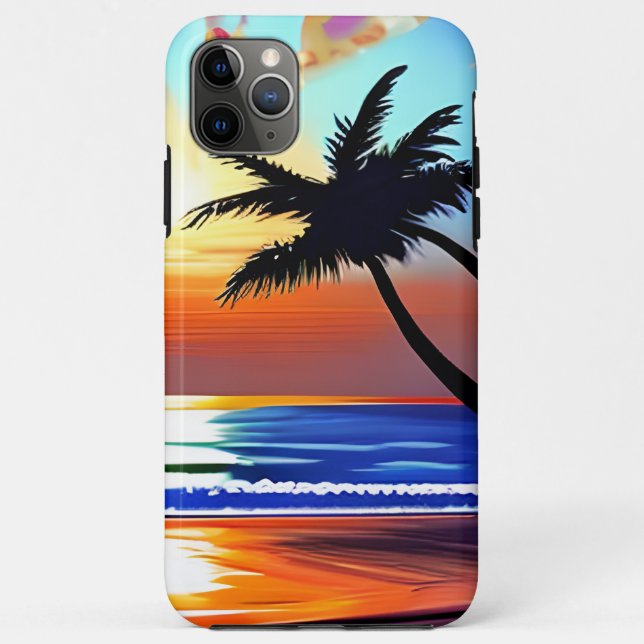 Capa Para iPhone 11 Pro Max Sunset e Palmeiras Silhuettes Ondas Oceânicas (Verso)