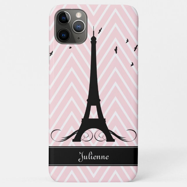Capa Para iPhone 11 Pro Max Torre Eiffel de Chevrons Rosa Paris (Verso)