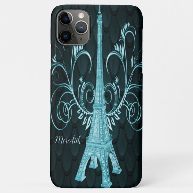 Capa Para iPhone 11 Pro Max Torre Eiffel Torre Teal Floral (Verso)
