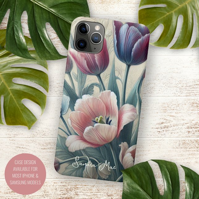 Capa Para iPhone 11 Pro Max Tulipas Clássicas Chic Arte Botânica Desenho (Criador carregado)