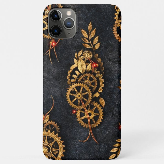 Capa Para iPhone 11 Pro Max Vintage Gold Gears & Red Neon Mythic Cyberpunk  (Verso)