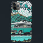 Capa Para iPhone 11 Pro Max Vintage Teal RV Camper nas Montanhas<br><div class="desc">Retro ai art,  mostrando um vintage turquoise camper rv subindo as montanhas.</div>