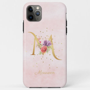 Capa Para iPhone 11 Pro Max Watercolor Floral Monograma Nome Inicial M Letra