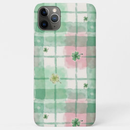 Capa Para iPhone 11 Pro Max Xadrez Verde e Rosa em Aquarela Trevo da Sorte
