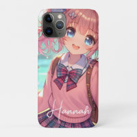 Menina bonito de anime em rabo-de-porco rosa