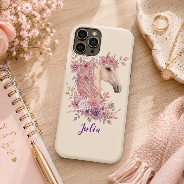 Capa Para iPhone 11 Pro Menina Cavalo Rosa Roxo Monograma Nome Script (Criador carregado)