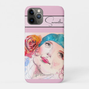 Capa Para iPhone 11 Pro Menina Mulher Rosa Água de Rosa Aguarela Aqua Tele