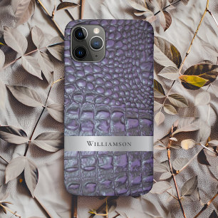 Capa Para iPhone 11 Pro Metal de Prata Digital de Couro Roxo